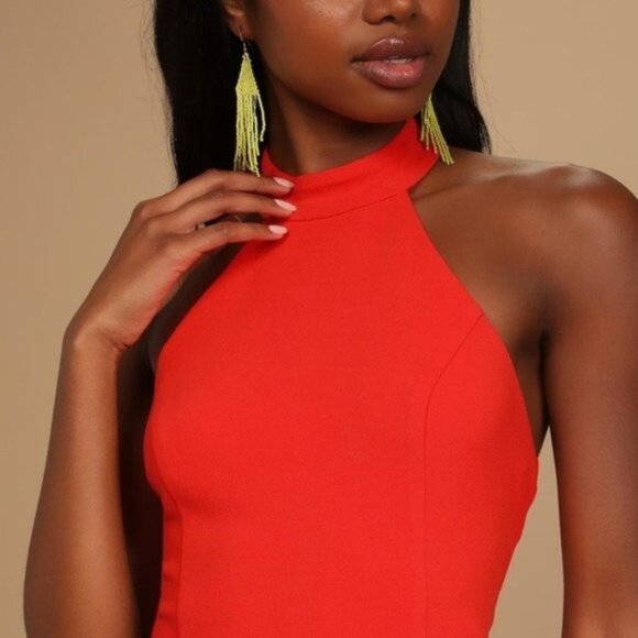 Lulu’s Mini Halter Bodycon Dress Red Orange Large - Picture 3 of 12